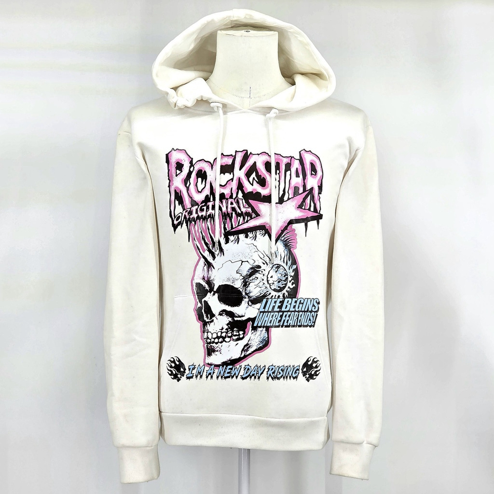 Rockstar Original Skull Hoodie Men L Y2K Pink Graphic Streetwear